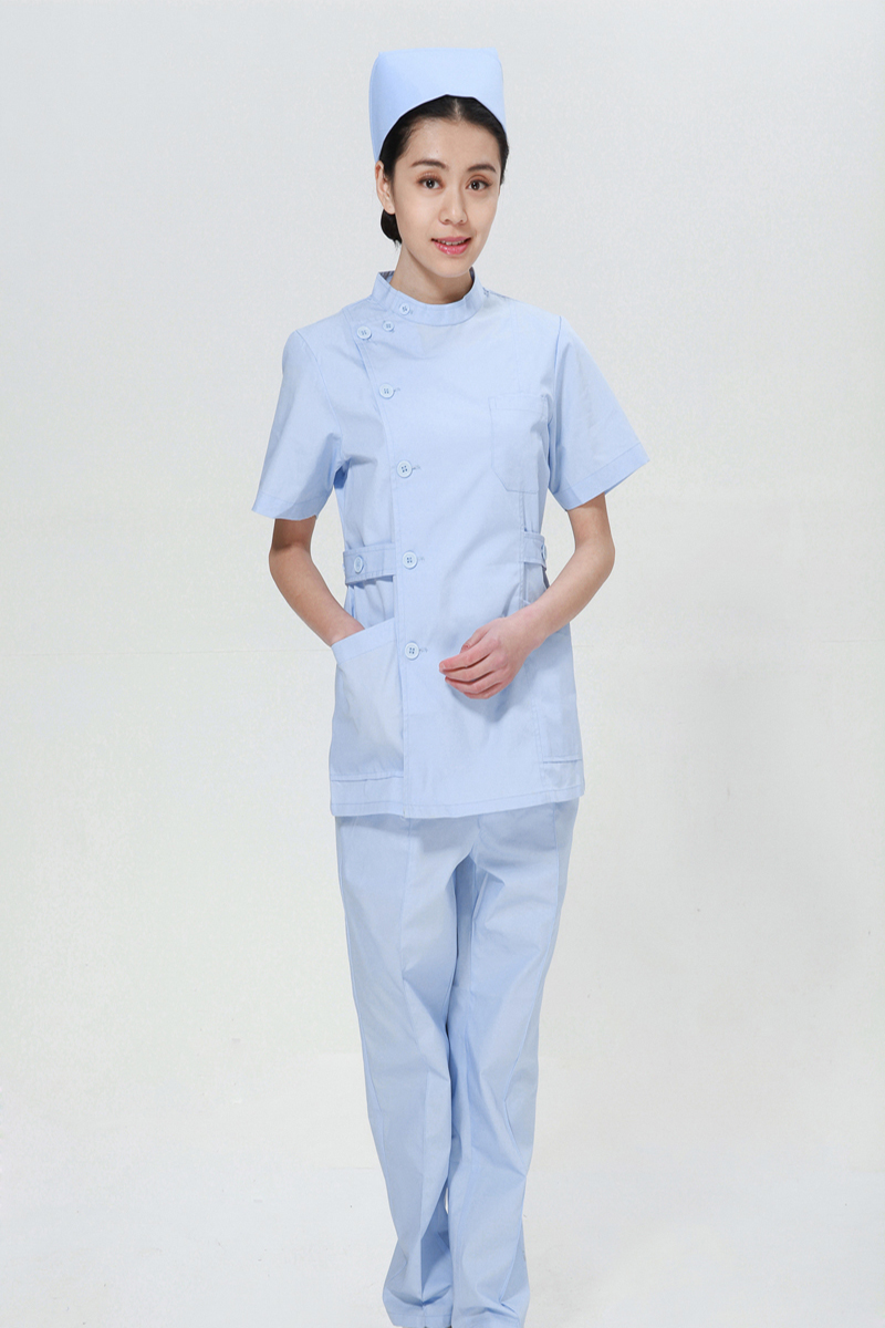 Blue nurse summer suit right side opening collar